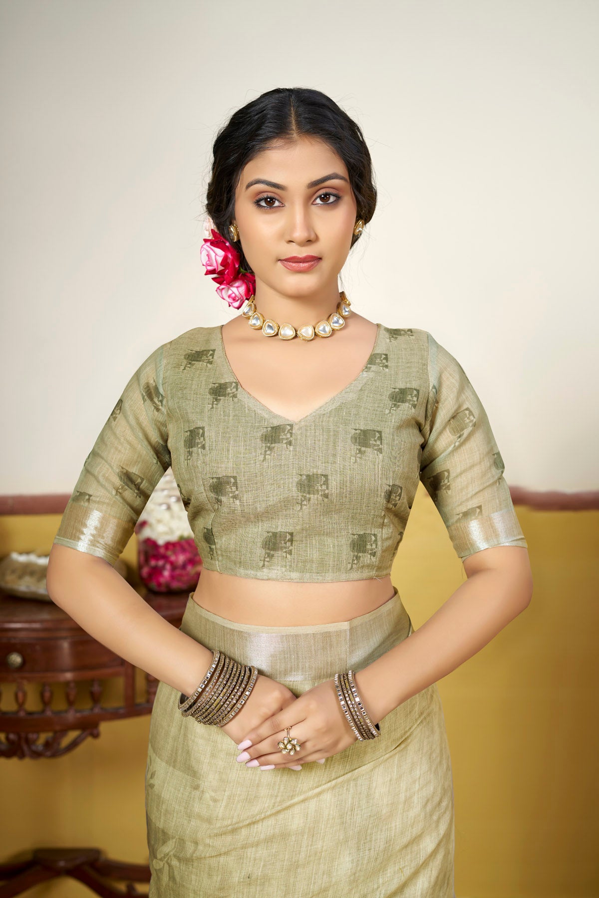 Rachna - Lime Green Linen Digital Print Saree with Woven Border