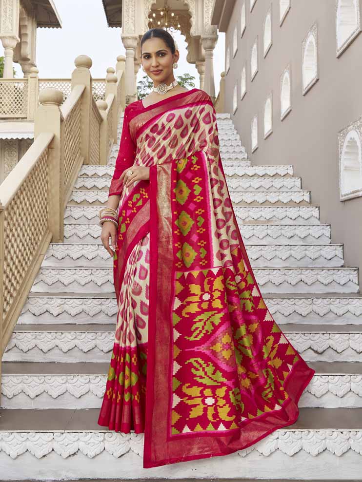 Gulmarg - Cream Silk Digital Printed Saree with Zari Border