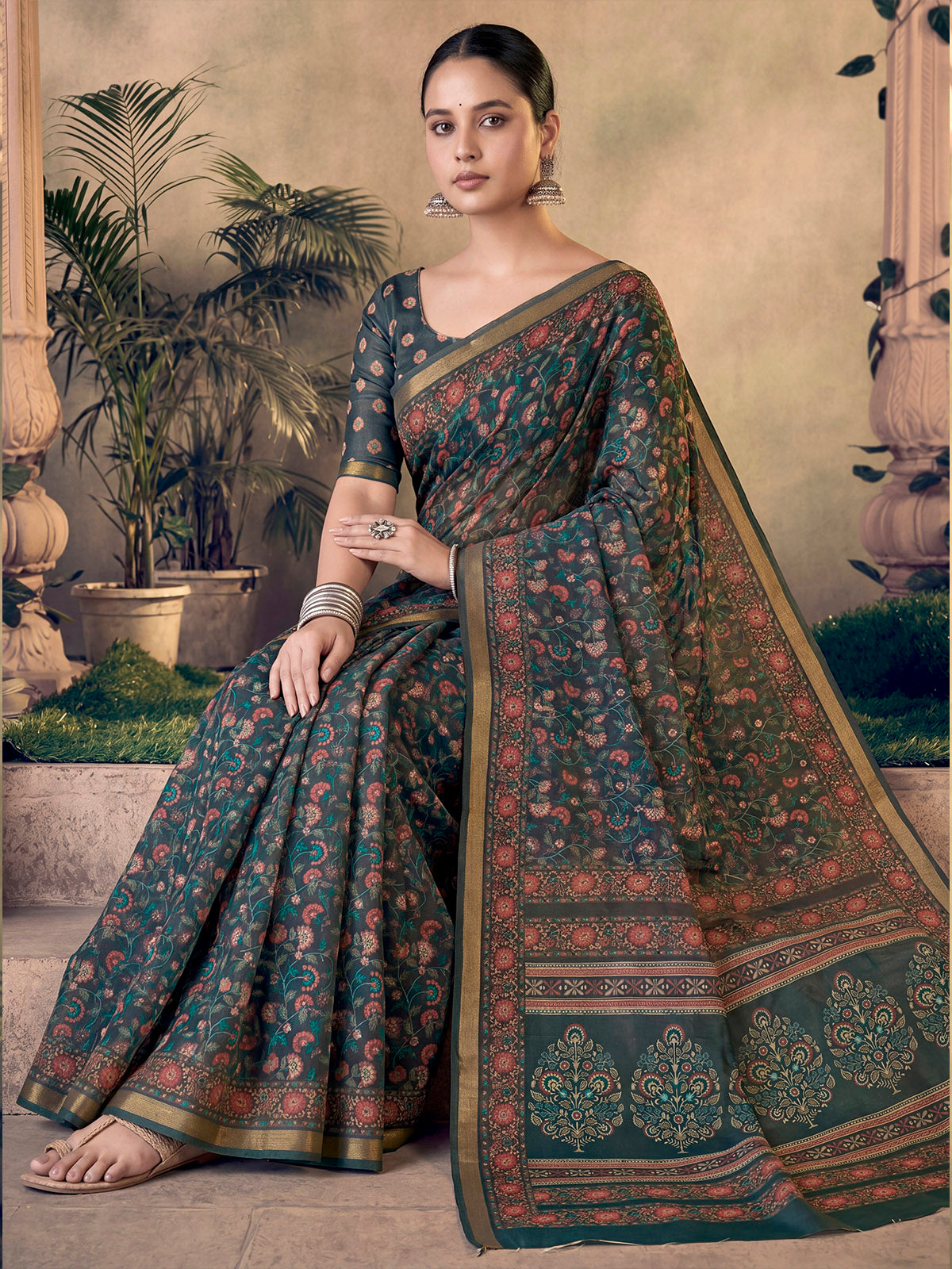 Amrapali - Navy Blue Chanderi Cotton Digital Printed Saree with Zari Border