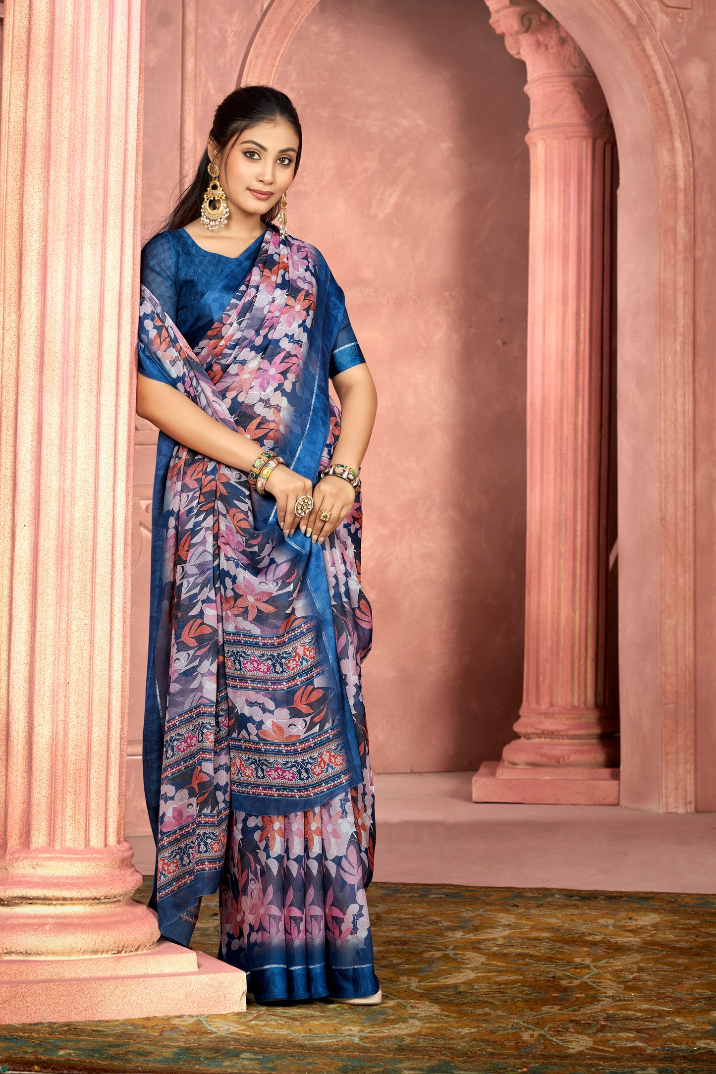 Samriddhi – Royal Blue Moss Georgette Digital Print Saree with Satin Patta Border