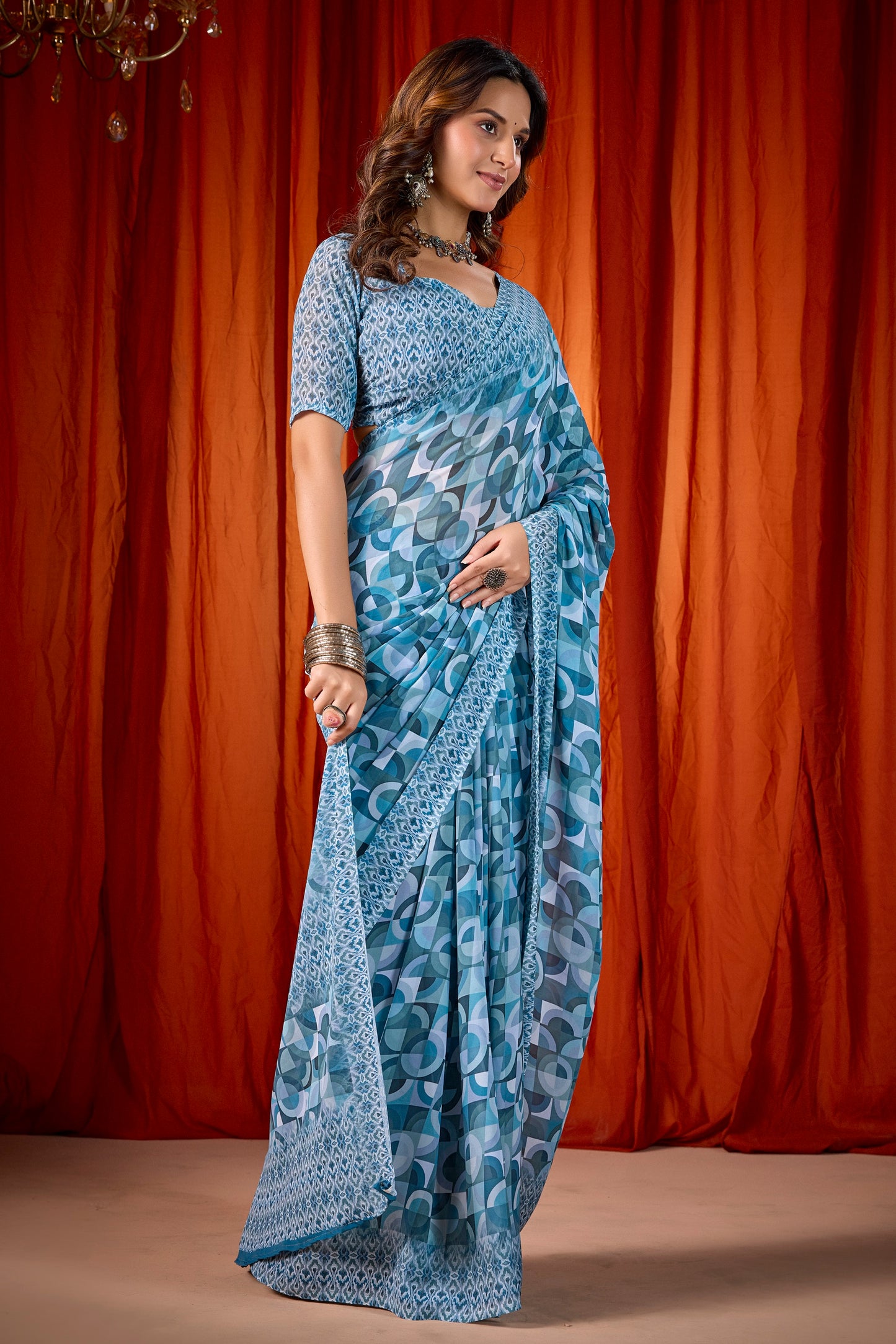 Shraddha - Cadet Blue Georgette Digital Printed Saree