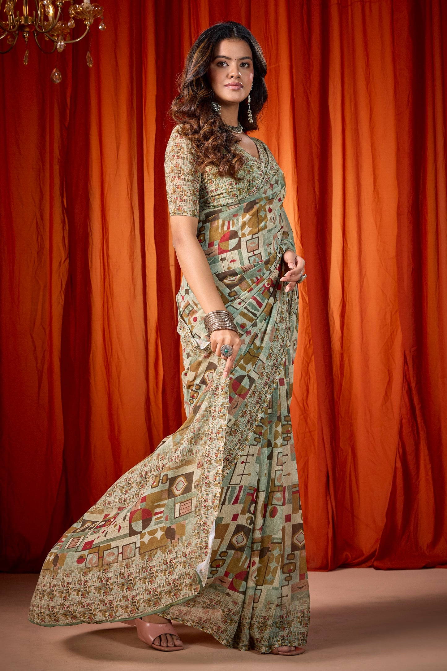 Shraddha - Green Georgette Digital Printed Saree