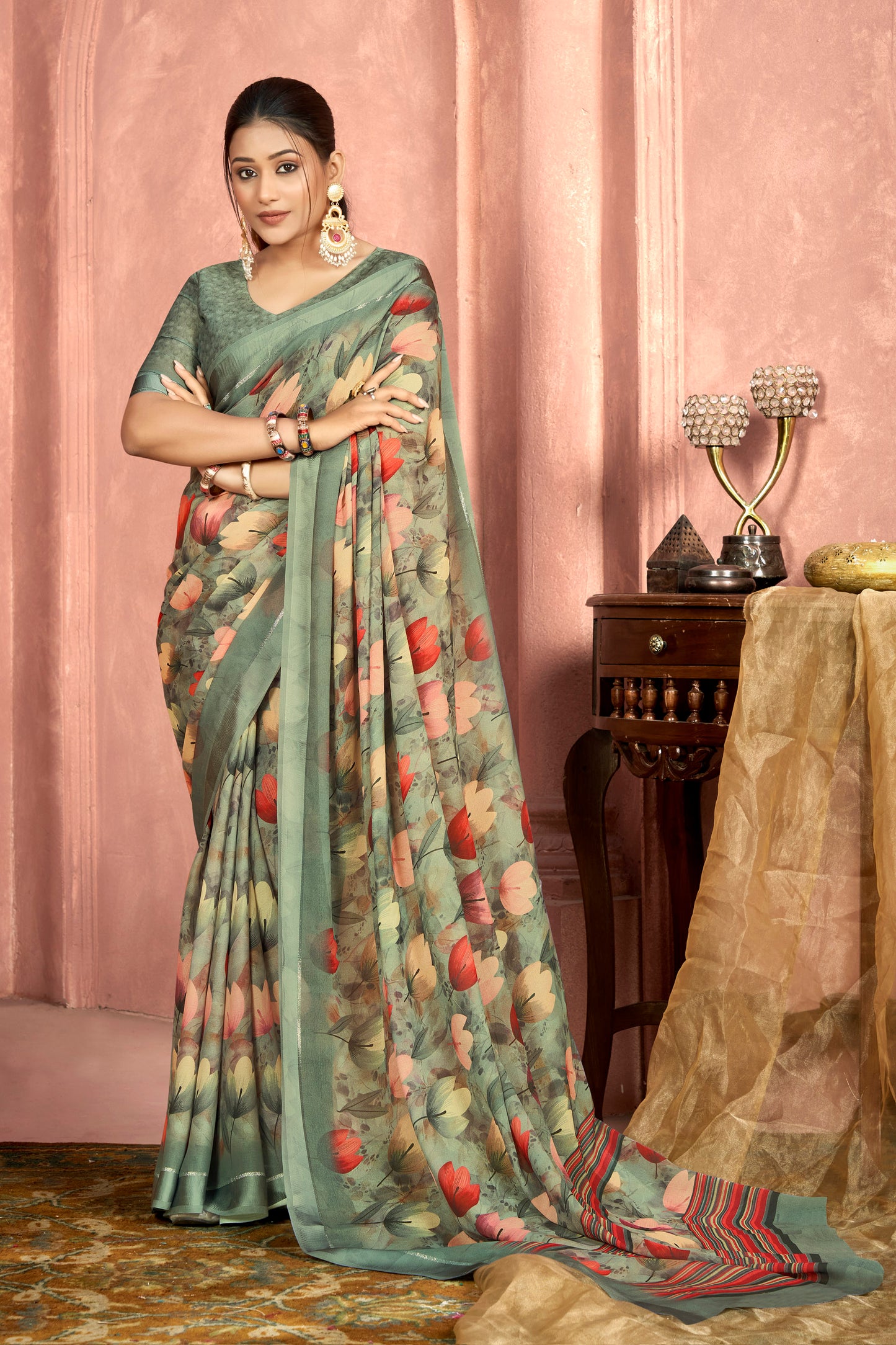 Samriddhi – Sea Green Moss Georgette Digital Print Saree with Satin Patta Border
