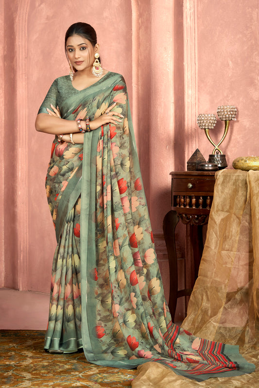 Samriddhi – Sea Green Moss Georgette Digital Print Saree with Satin Patta Border