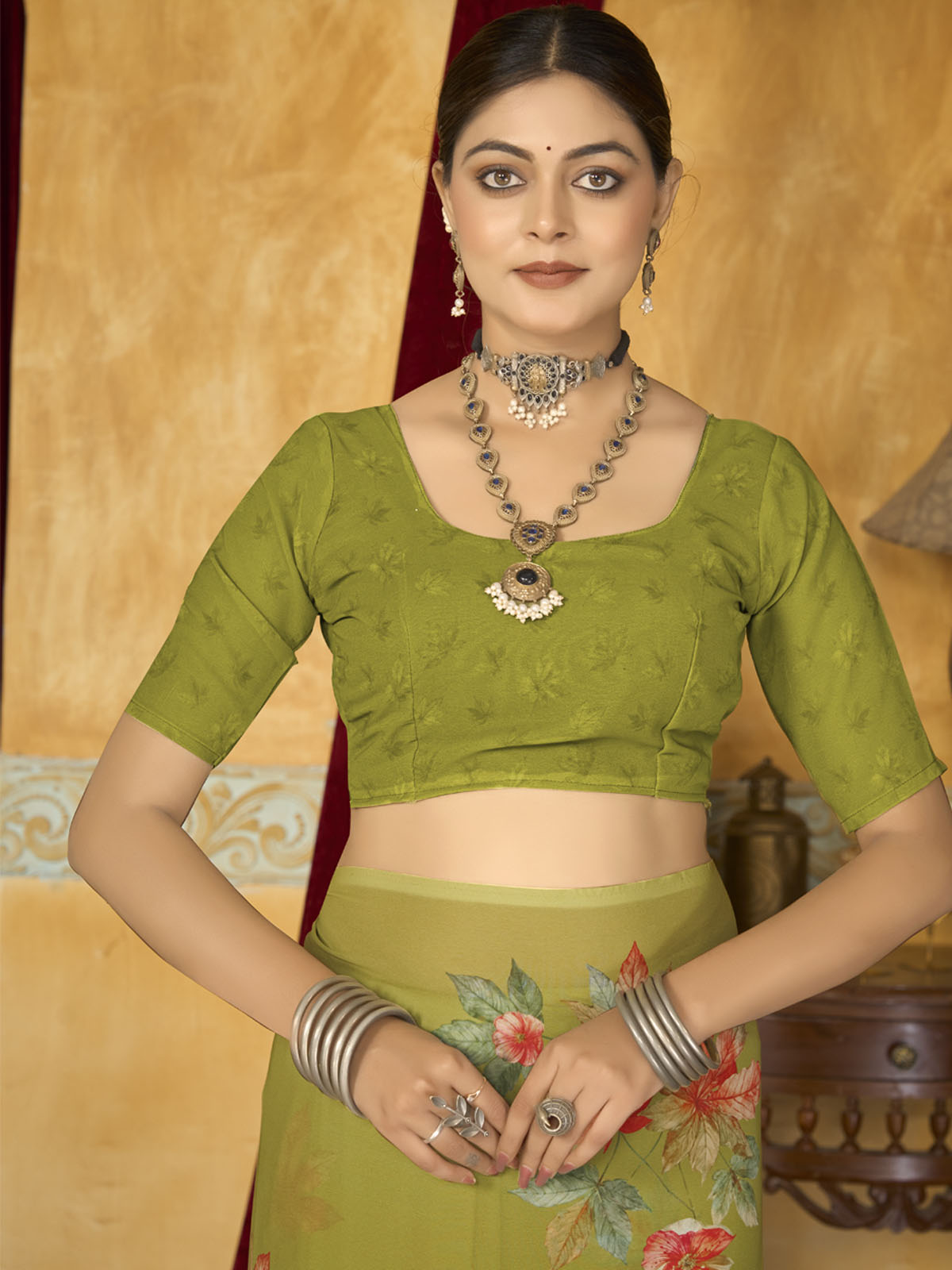Riddhi - Green Georgette Floral Digital Printed Saree