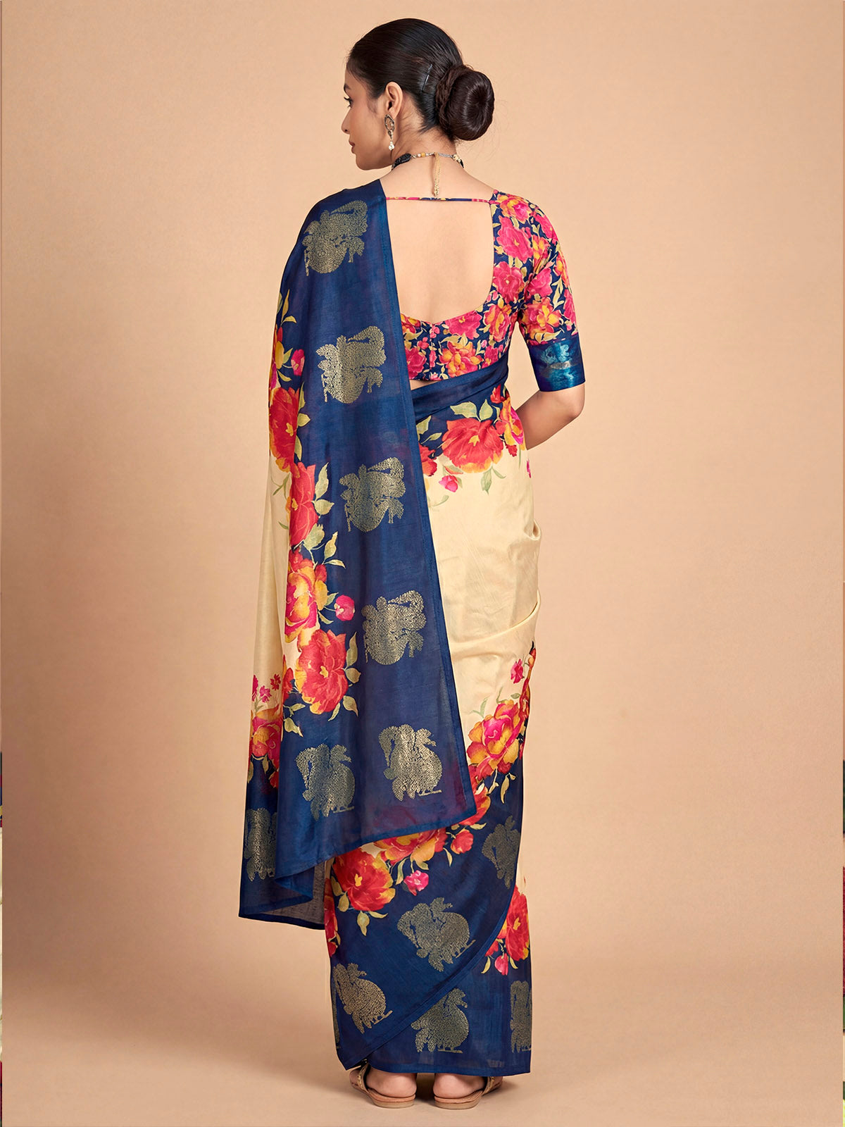Rajkumari - Cream Printed Soft Silk Saree with Silk Foil Work