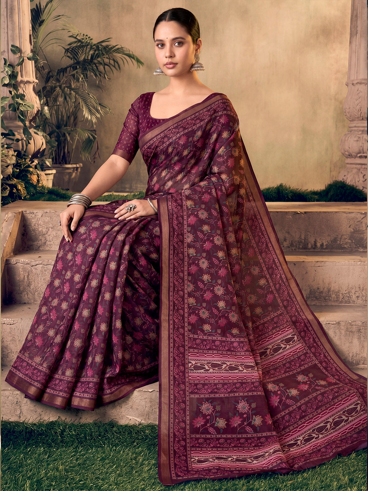 Amrapali - Purple Chanderi Cotton Digital Printed Saree with Zari Border