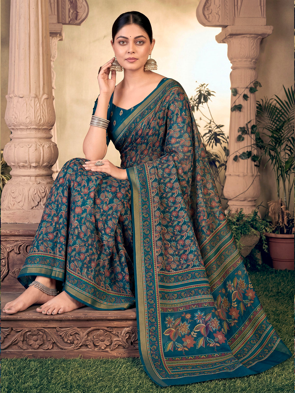 Amrapali - Blue Chanderi Cotton Digital Printed Saree with Zari Border