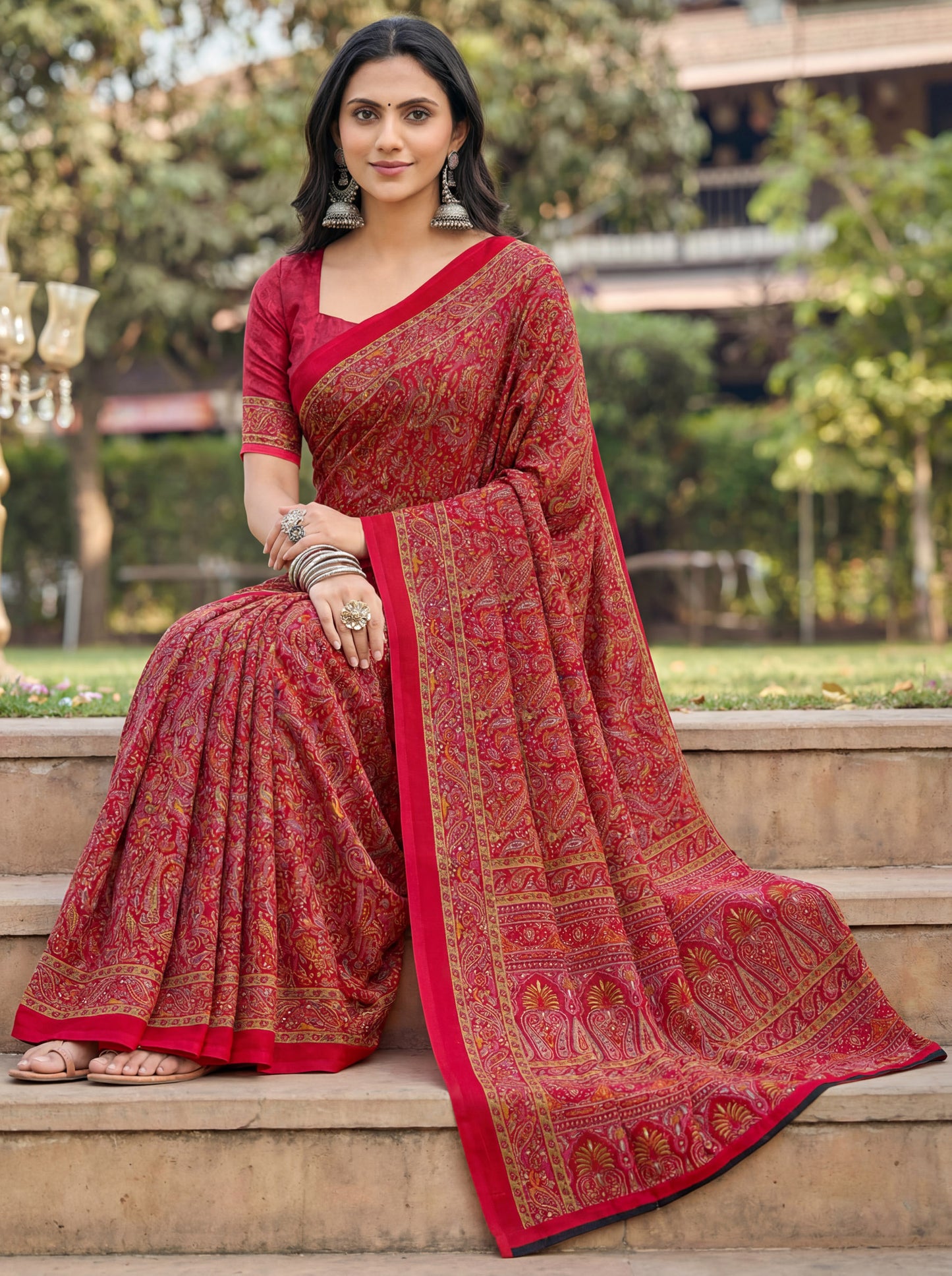 Rajkala - Red Printed Crepe Silk Saree