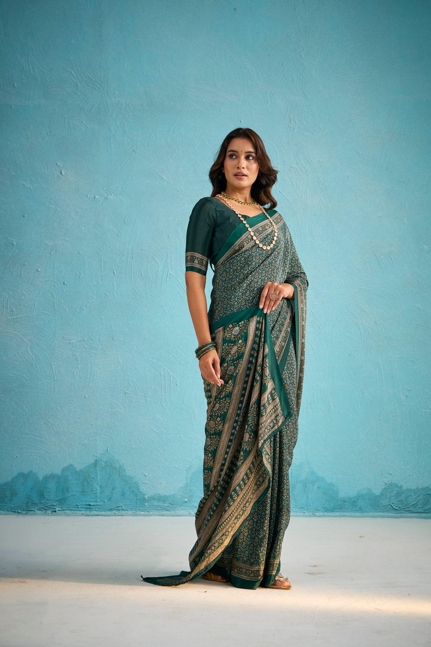 Rajkala - Black Floral Printed Crepe Silk Saree