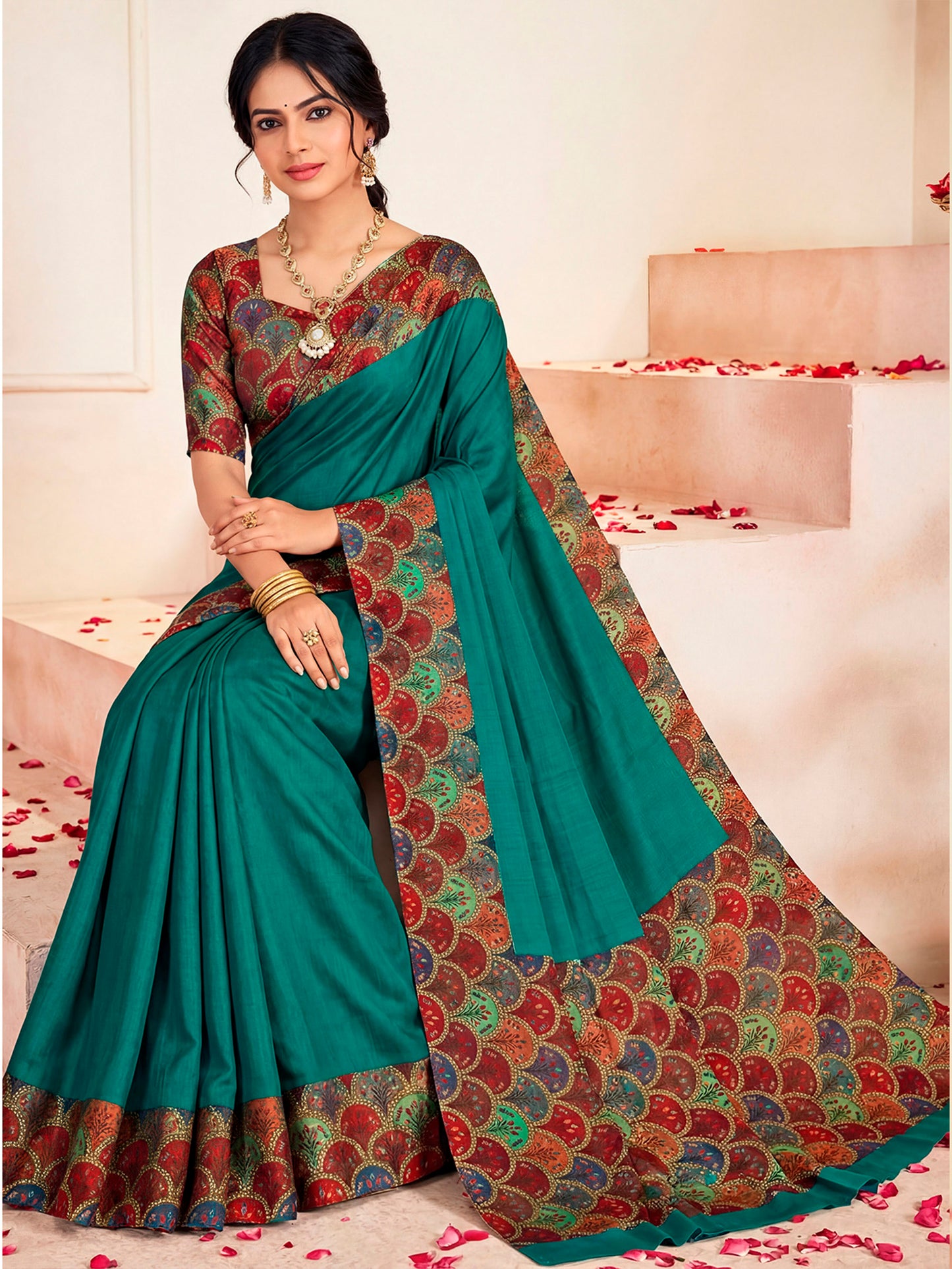 Ekvarna - Teal Printed Chiffon Saree