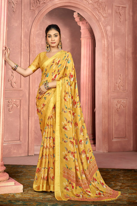 Samriddhi – Yellow Moss Georgette Digital Print Saree with Satin Patta Border