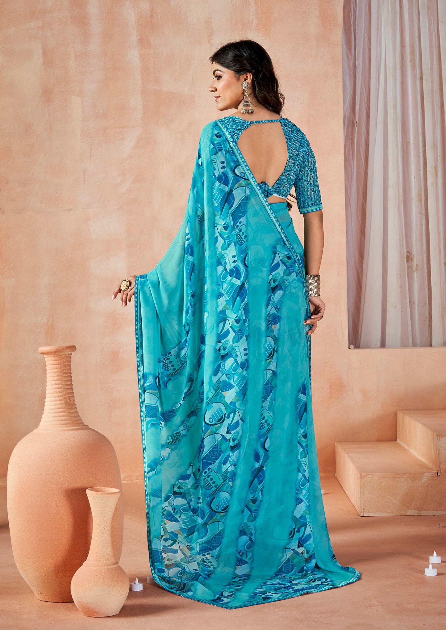 Sumedha - Sky Blue Digital Printed Georgette Saree