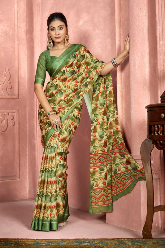 Samriddhi – Green Moss Georgette Digital Print Saree with Satin Patta Border