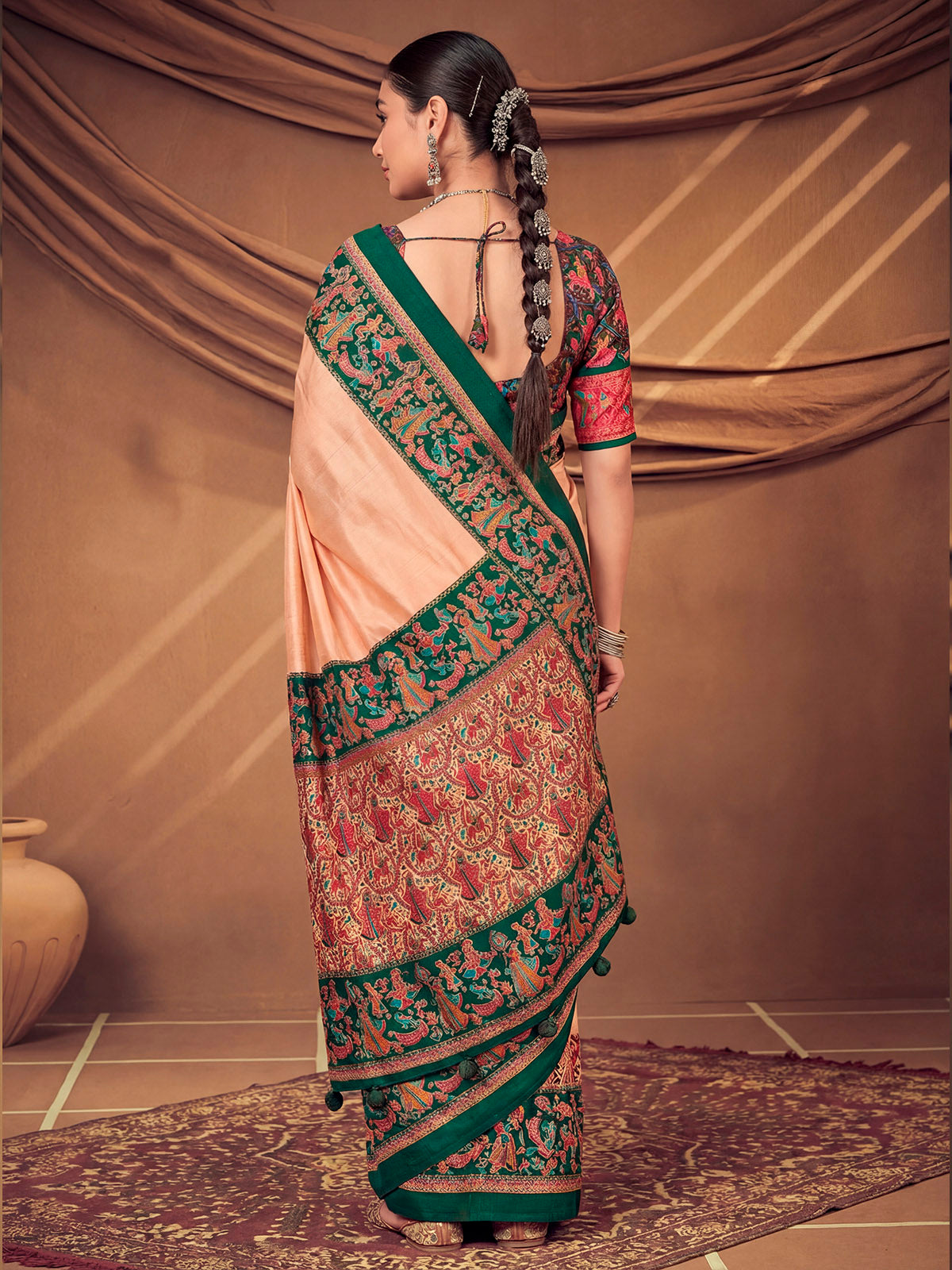 Kumuda - Peach Mysore Silk Jari Printed with Tessals