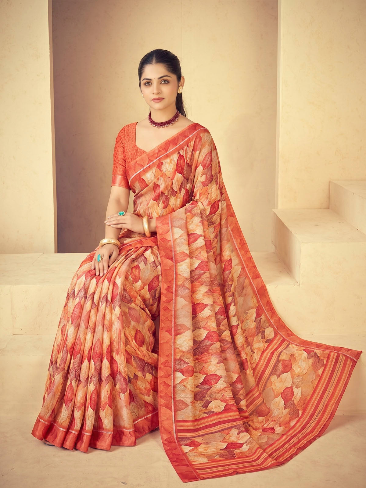 Samriddhi - Orange Moss Georgette Digital Print Saree with Satin Patta Border