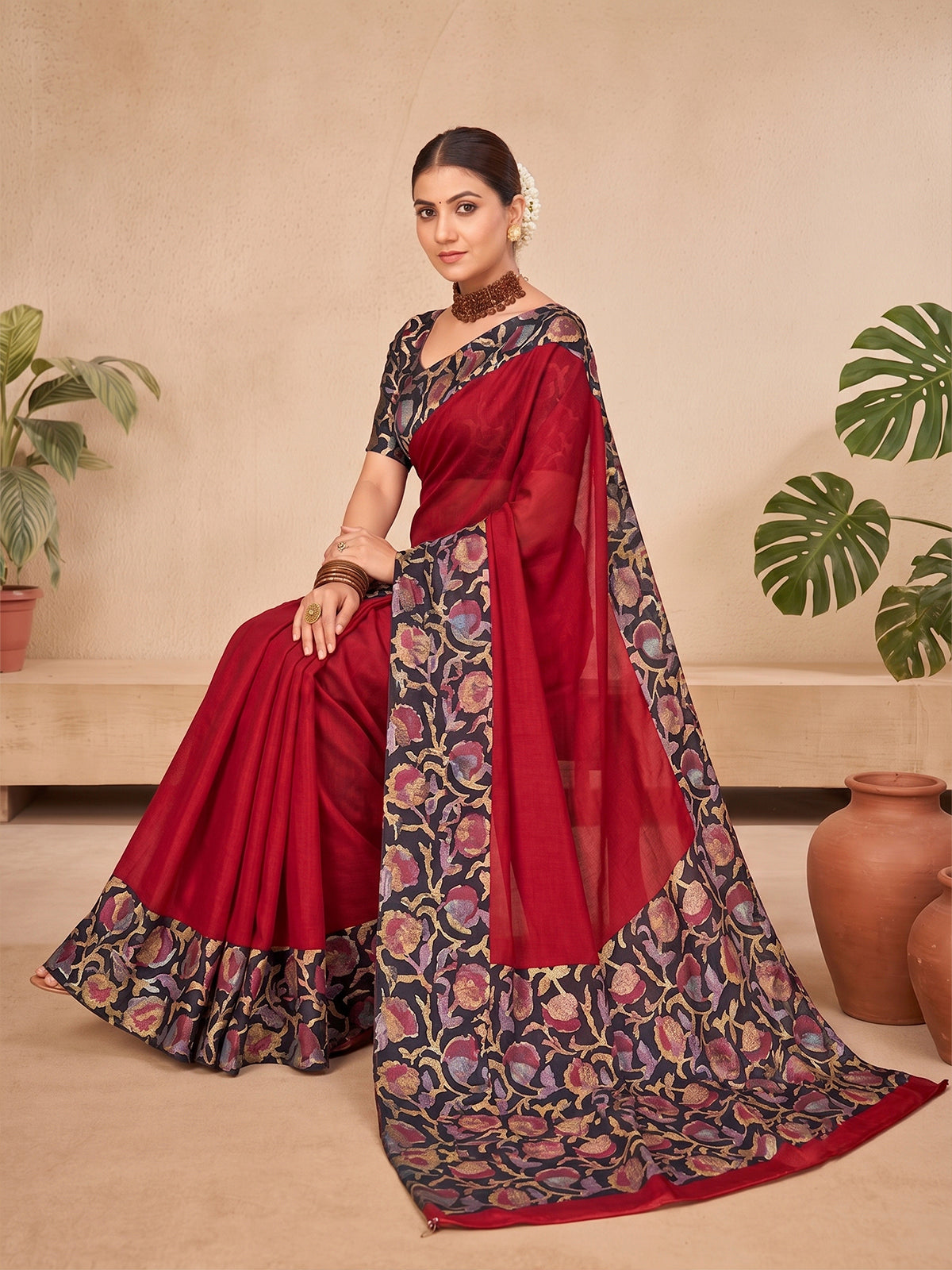 Ekvarna - Red Printed Chiffon Saree