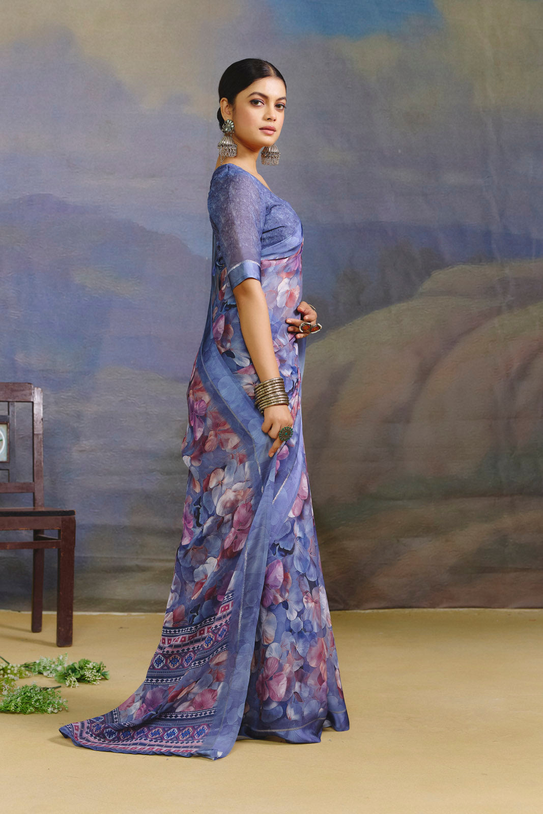 Samriddhi - Slate Blue Moss Georgette Digital Print Saree with Satin Patta Border