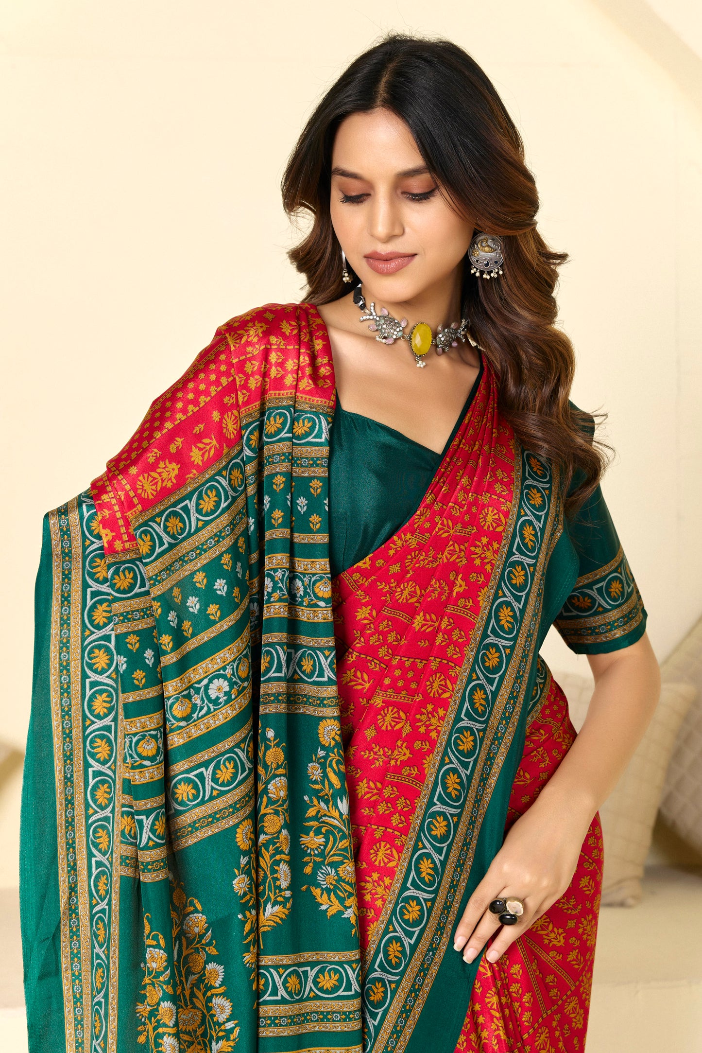 Rajkala - Red Floral Printed Crepe Silk Saree