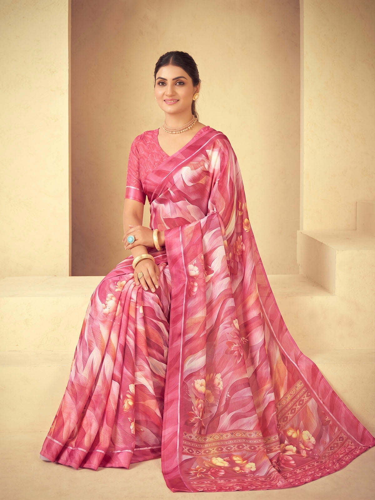Samriddhi - Pink Moss Georgette Digital Print Saree with Satin Patta Border