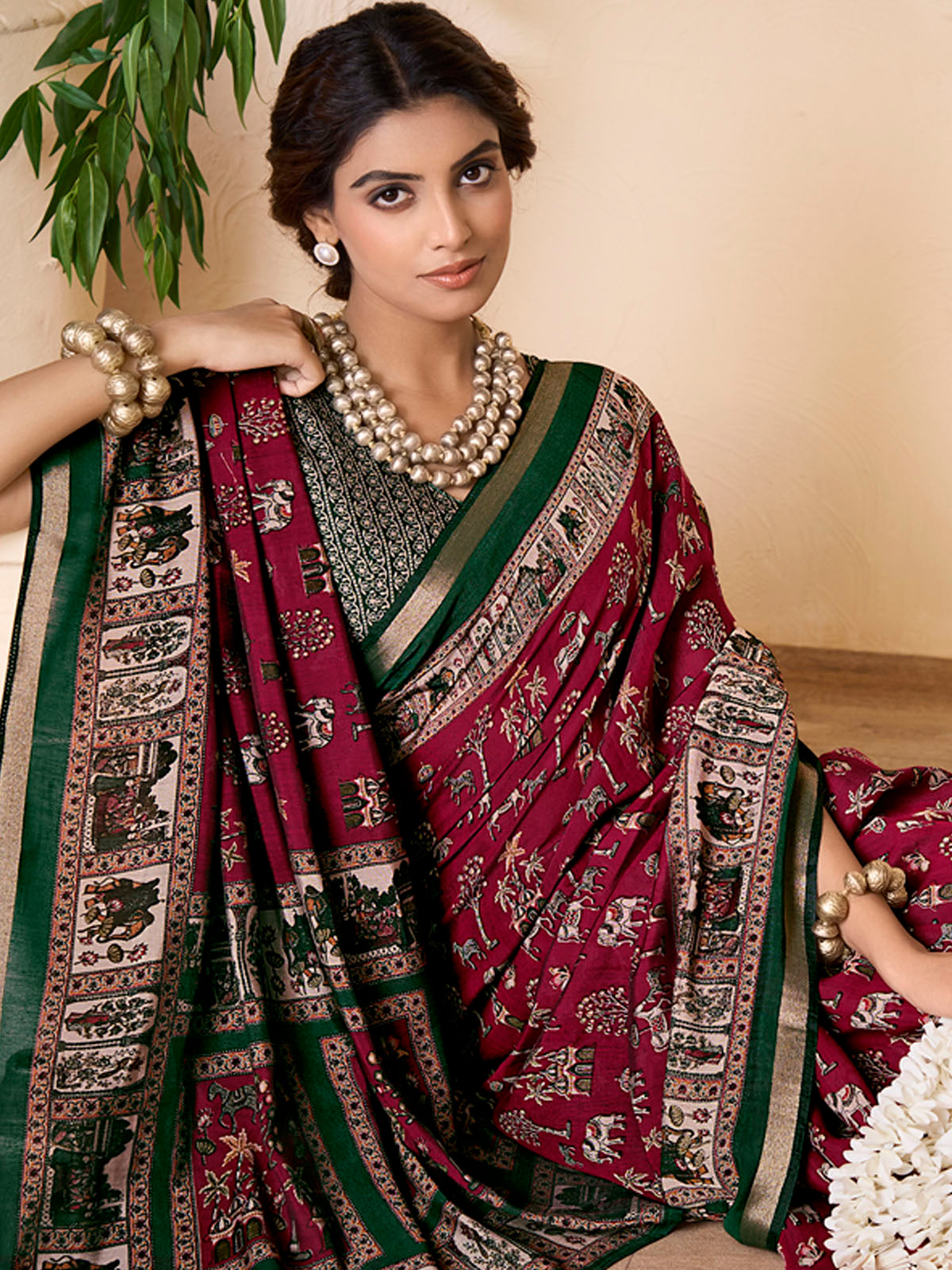 Monalisa - Red Chanderi Cotton Printed Saree with Classic Folk Art Print