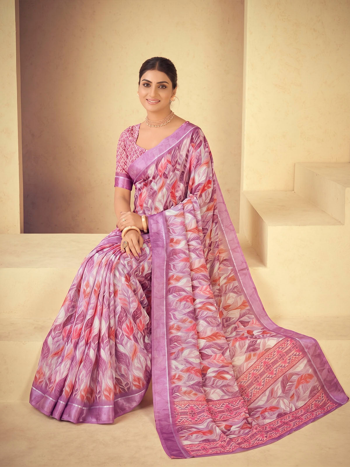 Samriddhi - Purple Moss Georgette Digital Print Saree with Satin Patta Border