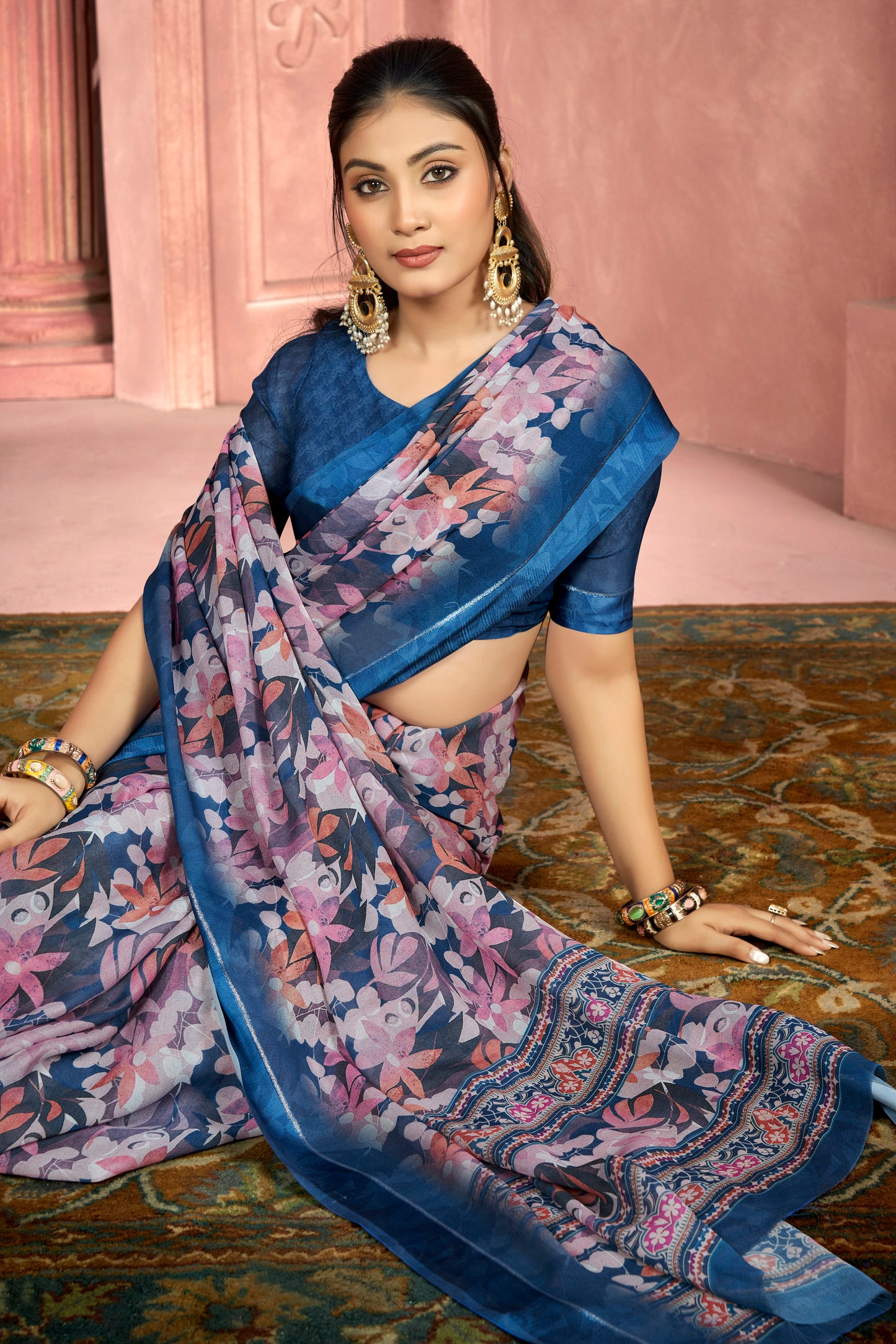 Samriddhi – Royal Blue Moss Georgette Digital Print Saree with Satin Patta Border
