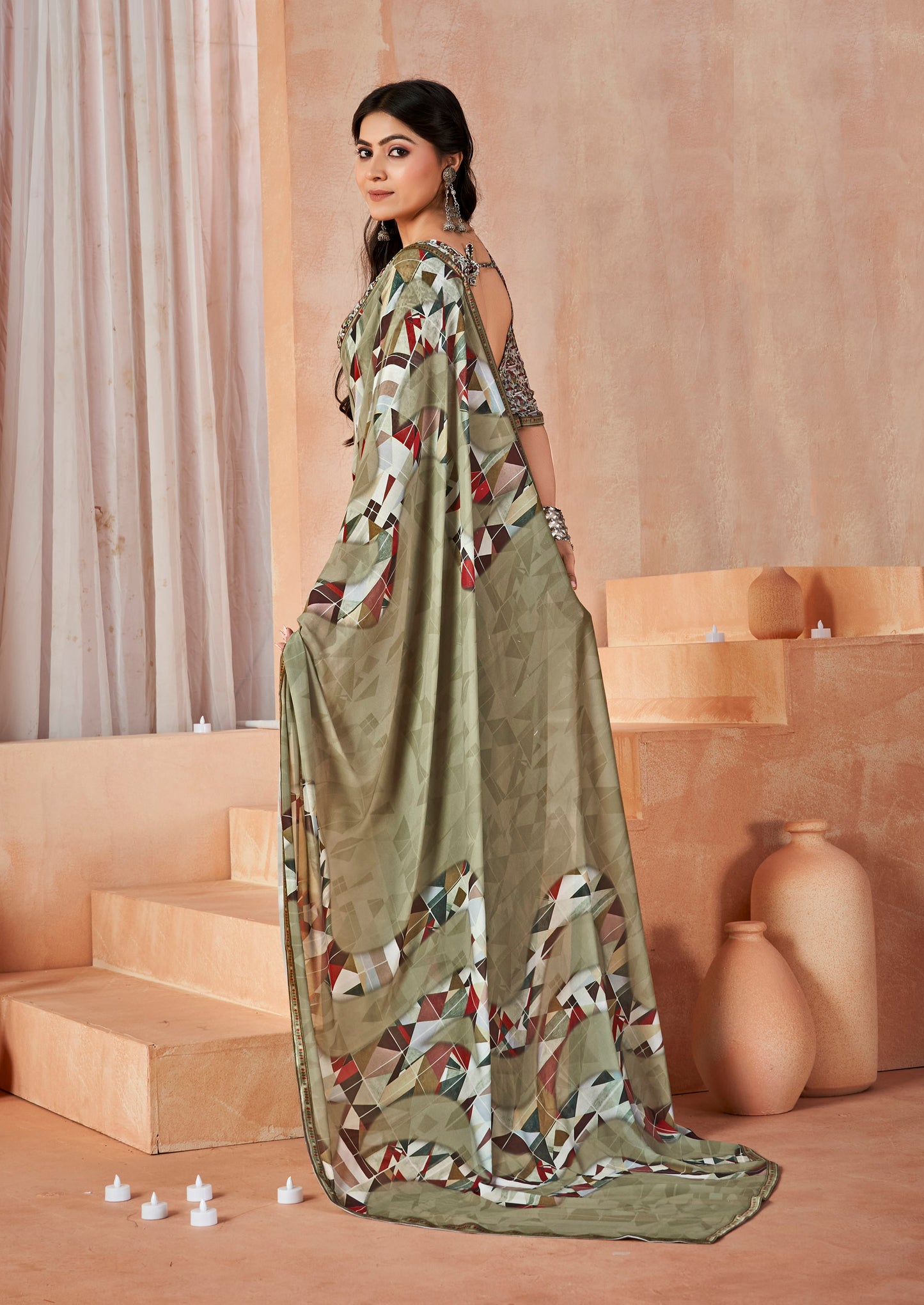 Sumedha - Olive Green Digital Printed Georgette Saree