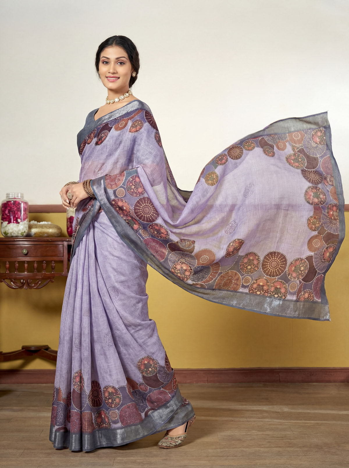 Rachna - Violet Linen Digital Print Saree with Woven Border