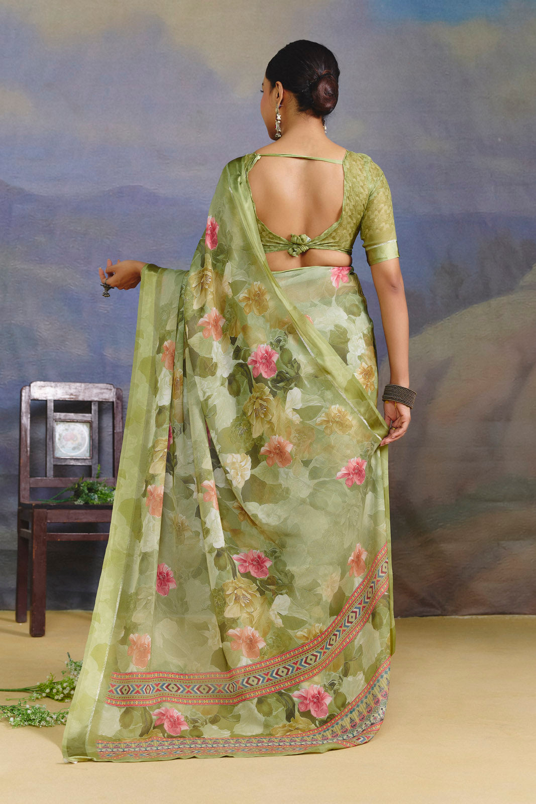 Samriddhi - Green Moss Georgette Digital Print Saree with Satin Patta Border