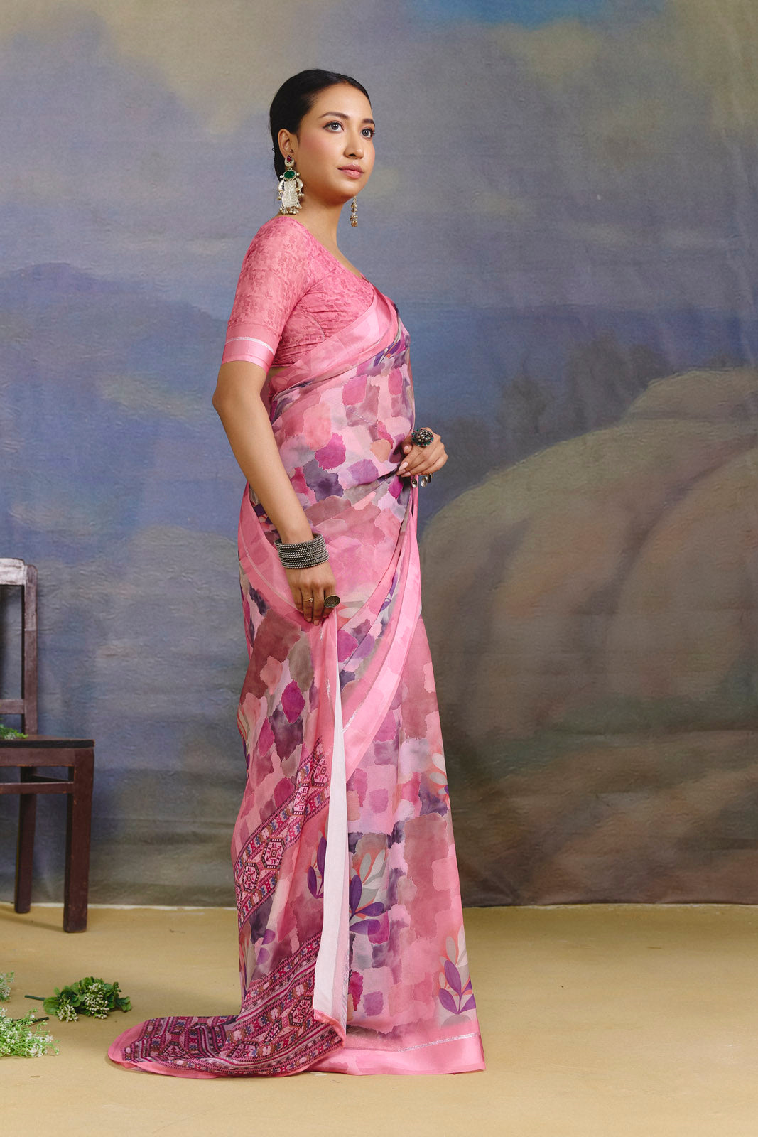 Samriddhi - Mauve Moss Georgette Digital Print Saree with Satin Patta Border