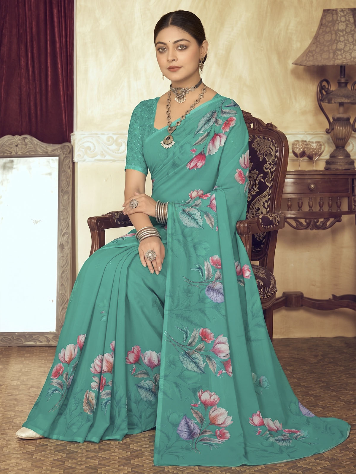 Riddhi - Turquoise Georgette Floral Digital Printed Saree