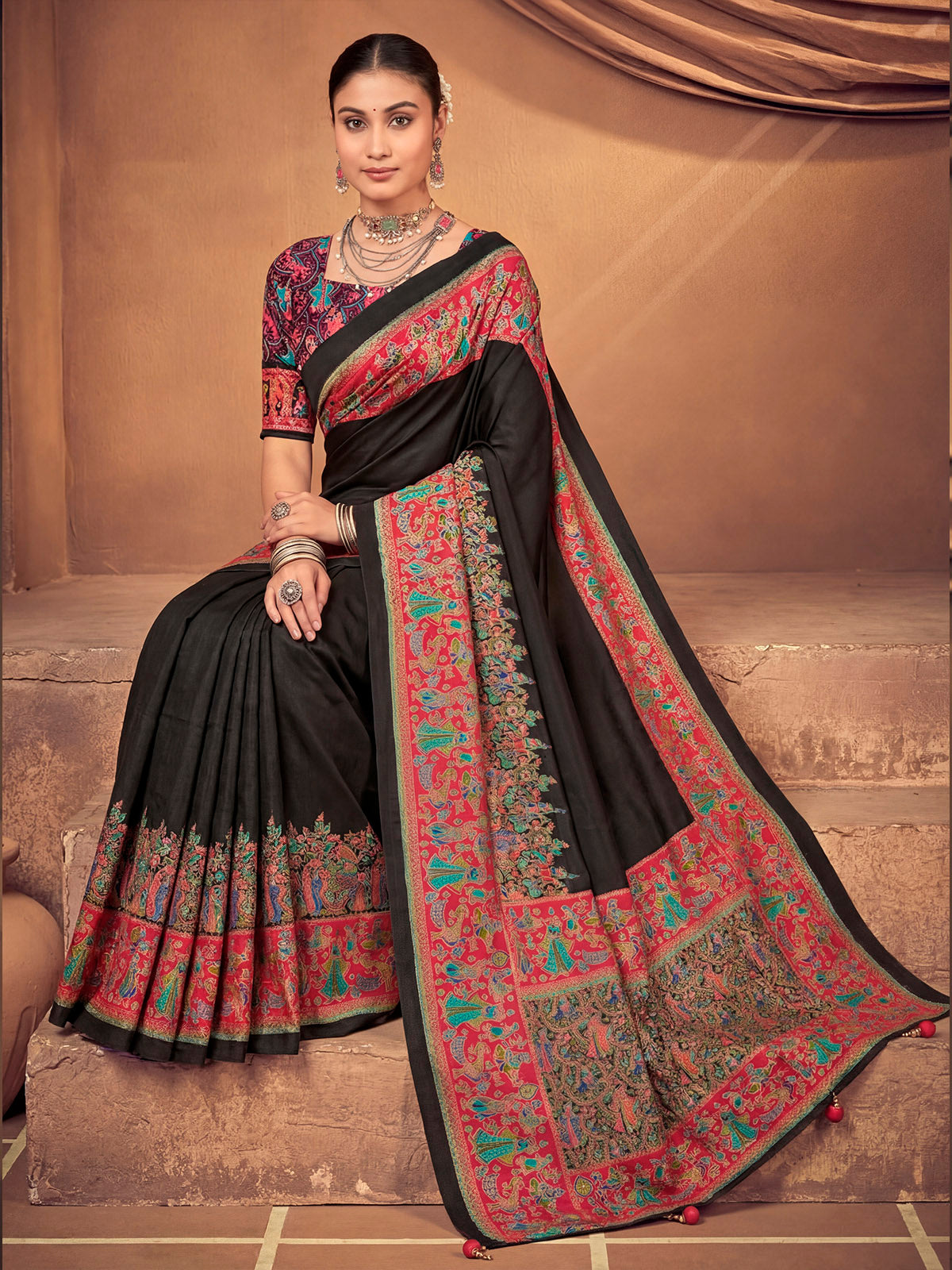 Kumuda - Black Mysore Silk Jari Printed with Tessals