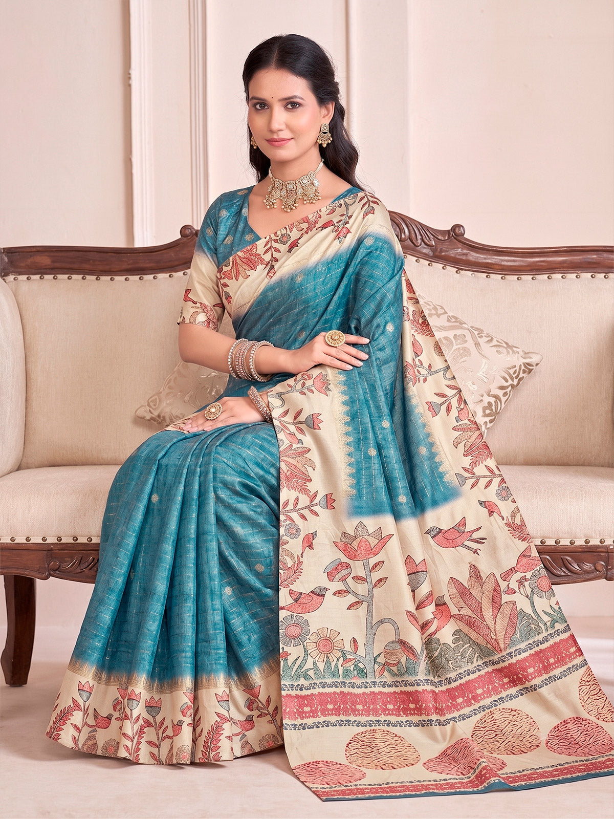 Rutvaa - Sea Blue Digital Printed Silk Saree