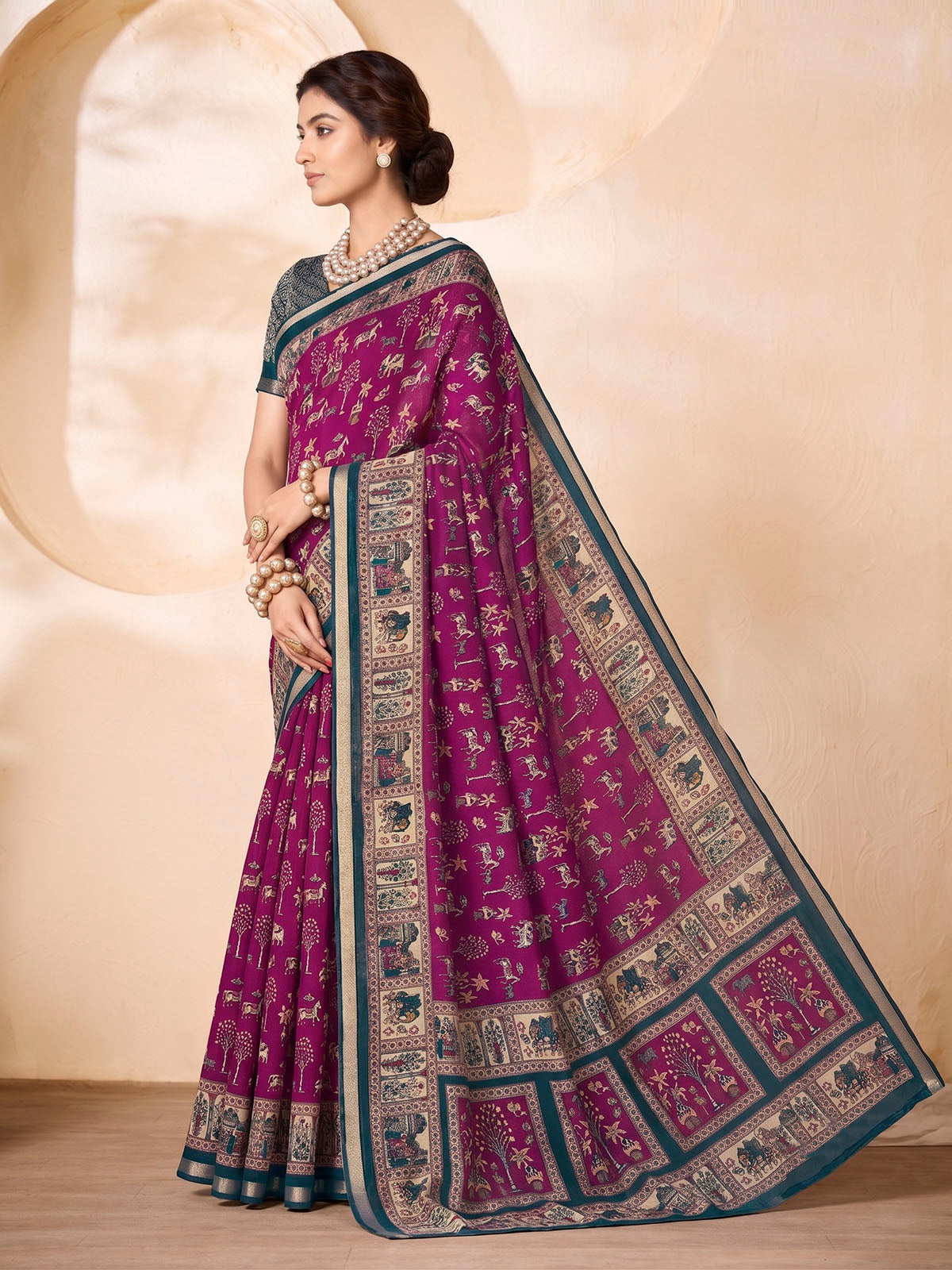 Monalisa - Purple Chanderi Cotton Printed Saree with Classic Folk Art Print