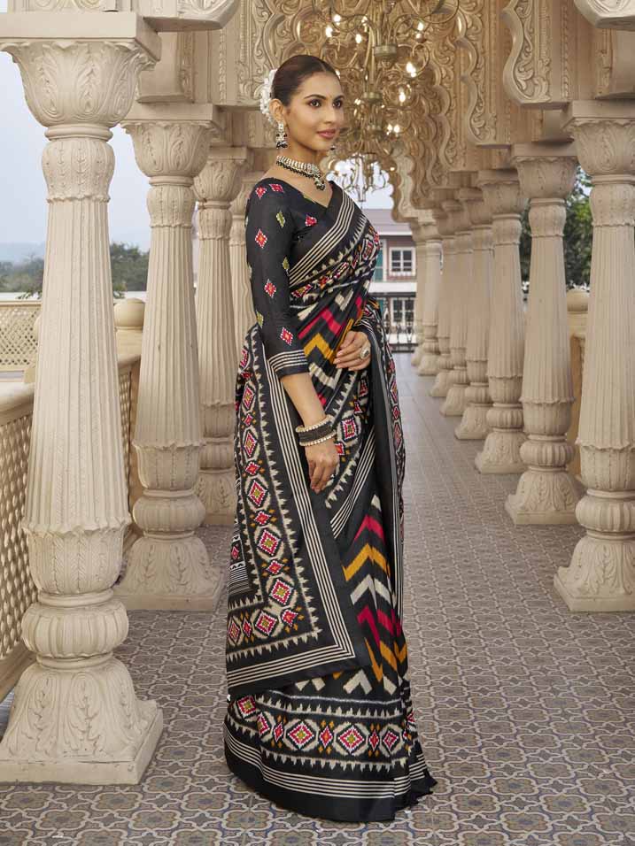 Gulmarg - Black Silk Digital Printed Saree with Zari Border