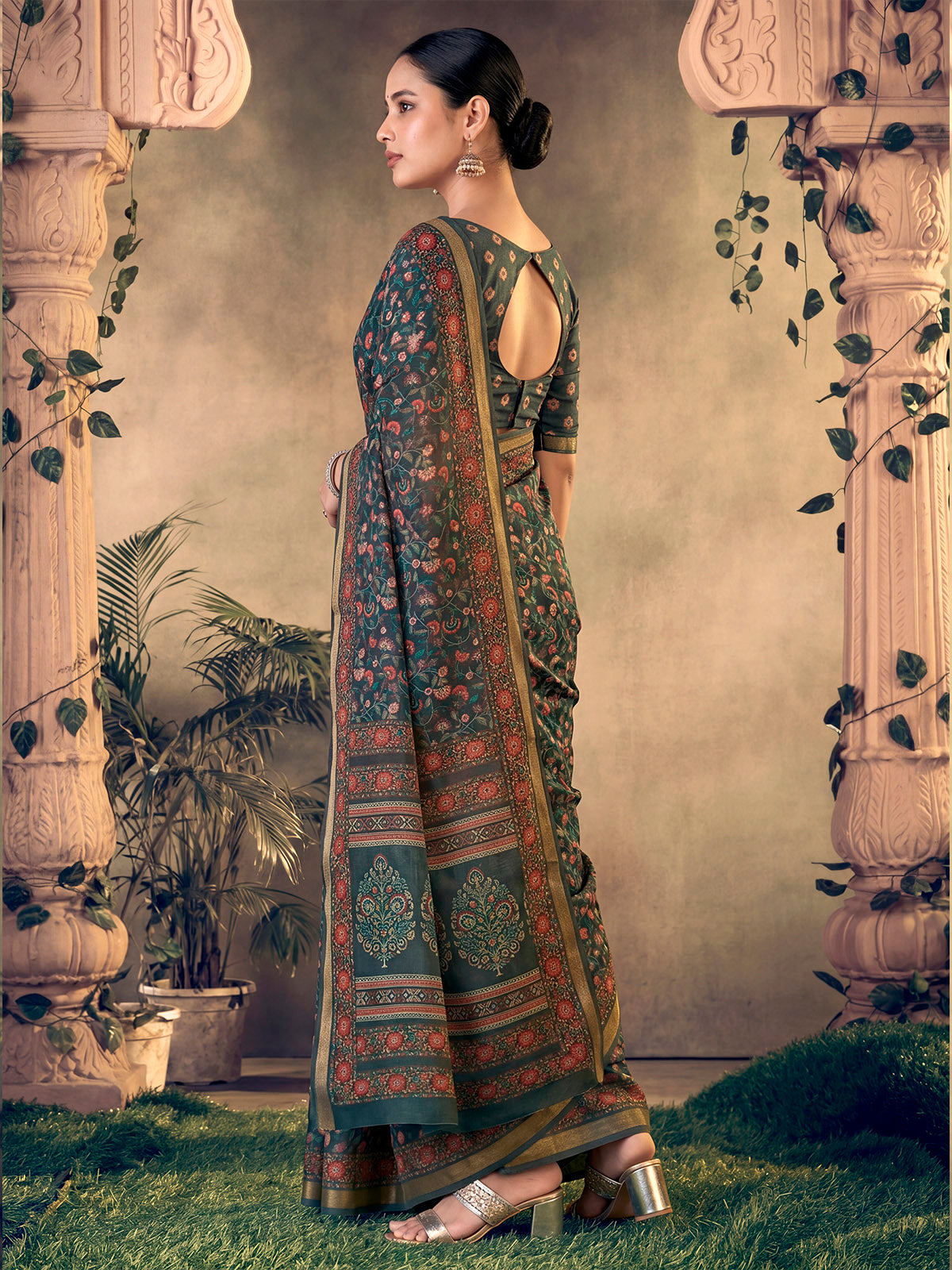 Amrapali - Navy Blue Chanderi Cotton Digital Printed Saree with Zari Border