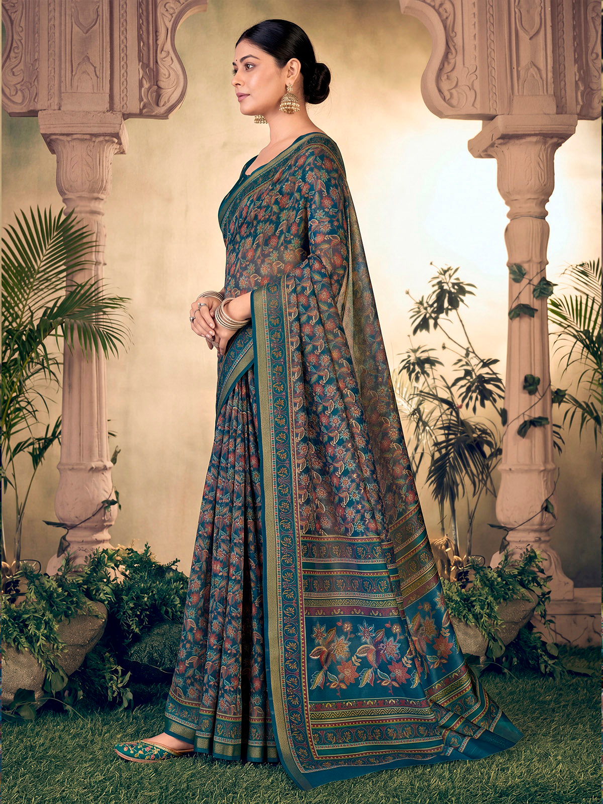 Amrapali - Blue Chanderi Cotton Digital Printed Saree with Zari Border