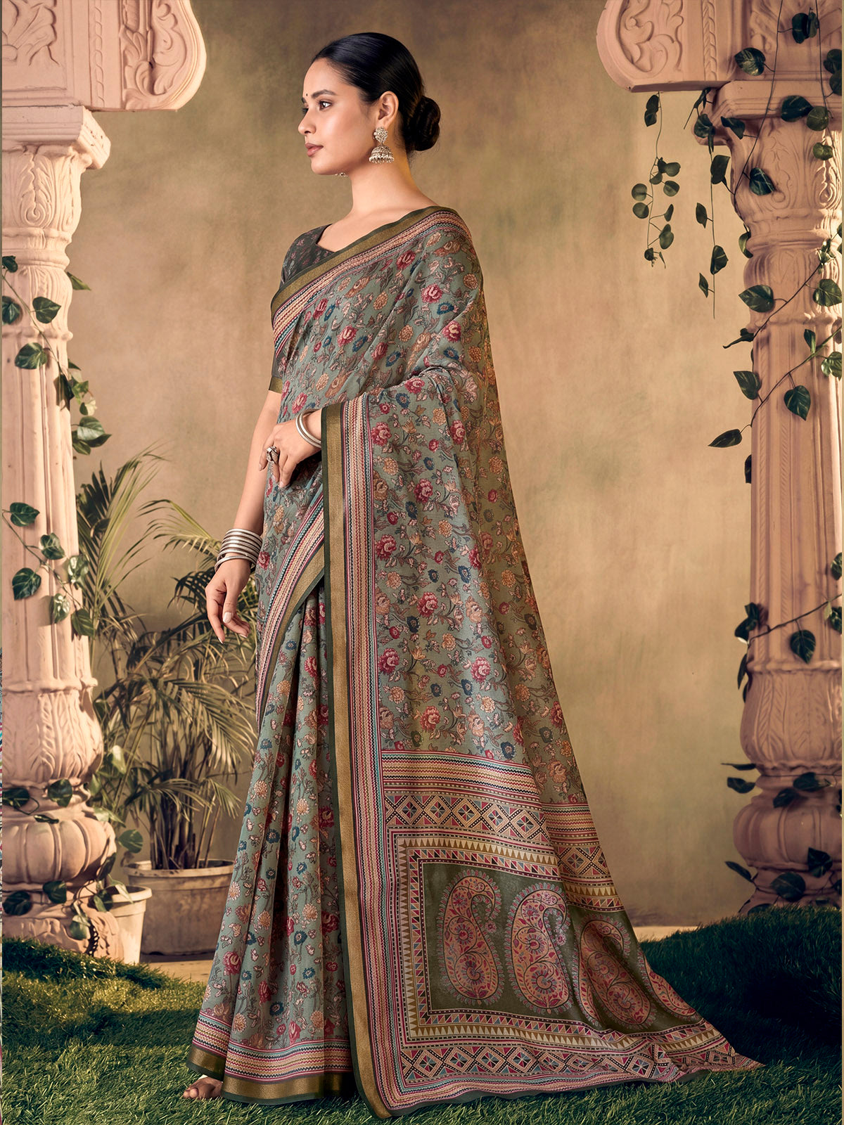 Amrapali - Grey Chanderi Cotton Digital Printed Saree with Zari Border