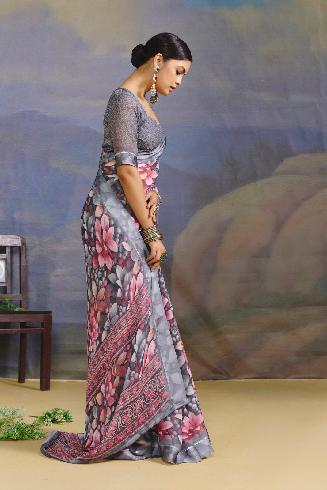 Samriddhi - Grey Moss Georgette Digital Print Saree with Satin Patta Border