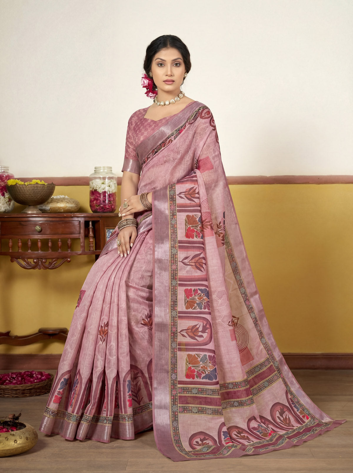 Rachna - Pink Linen Digital Print Saree with Woven Border