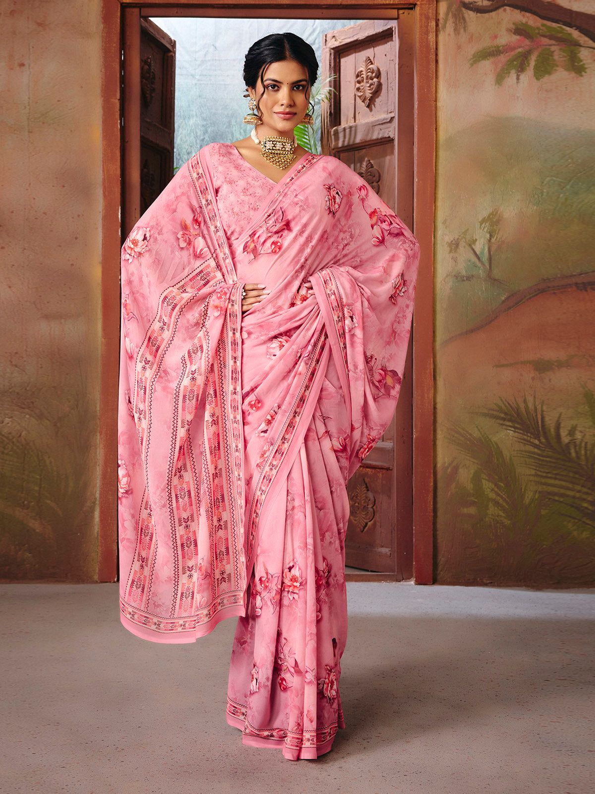 Riddhi - Pink Georgette Floral Digital Printed Saree