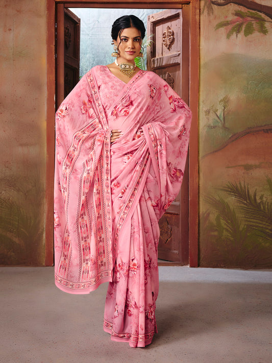 Riddhi - Pink Georgette Floral Digital Printed Saree