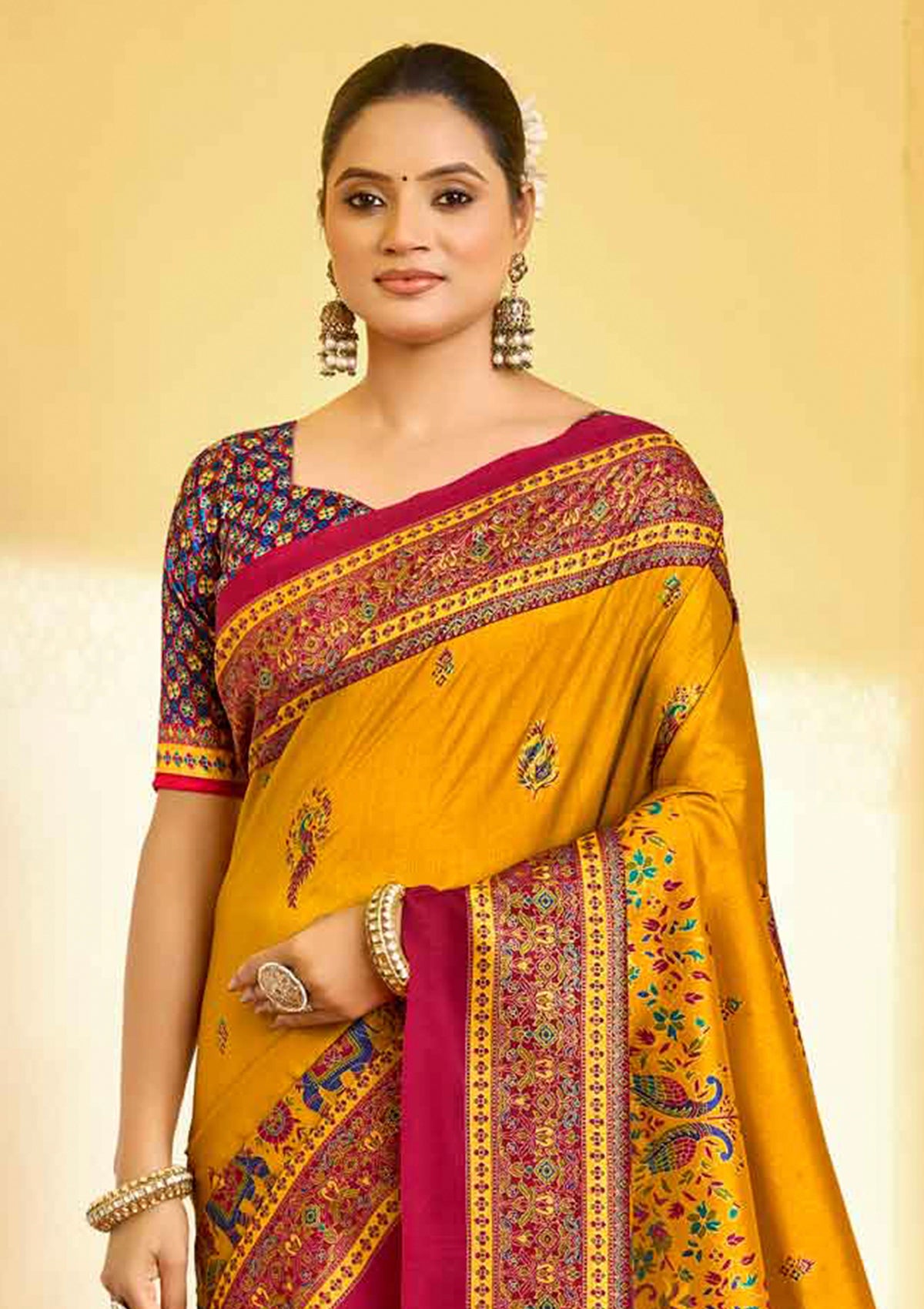 Kumuda - Yellow Silk Printed Saree with Delicate Foil Work