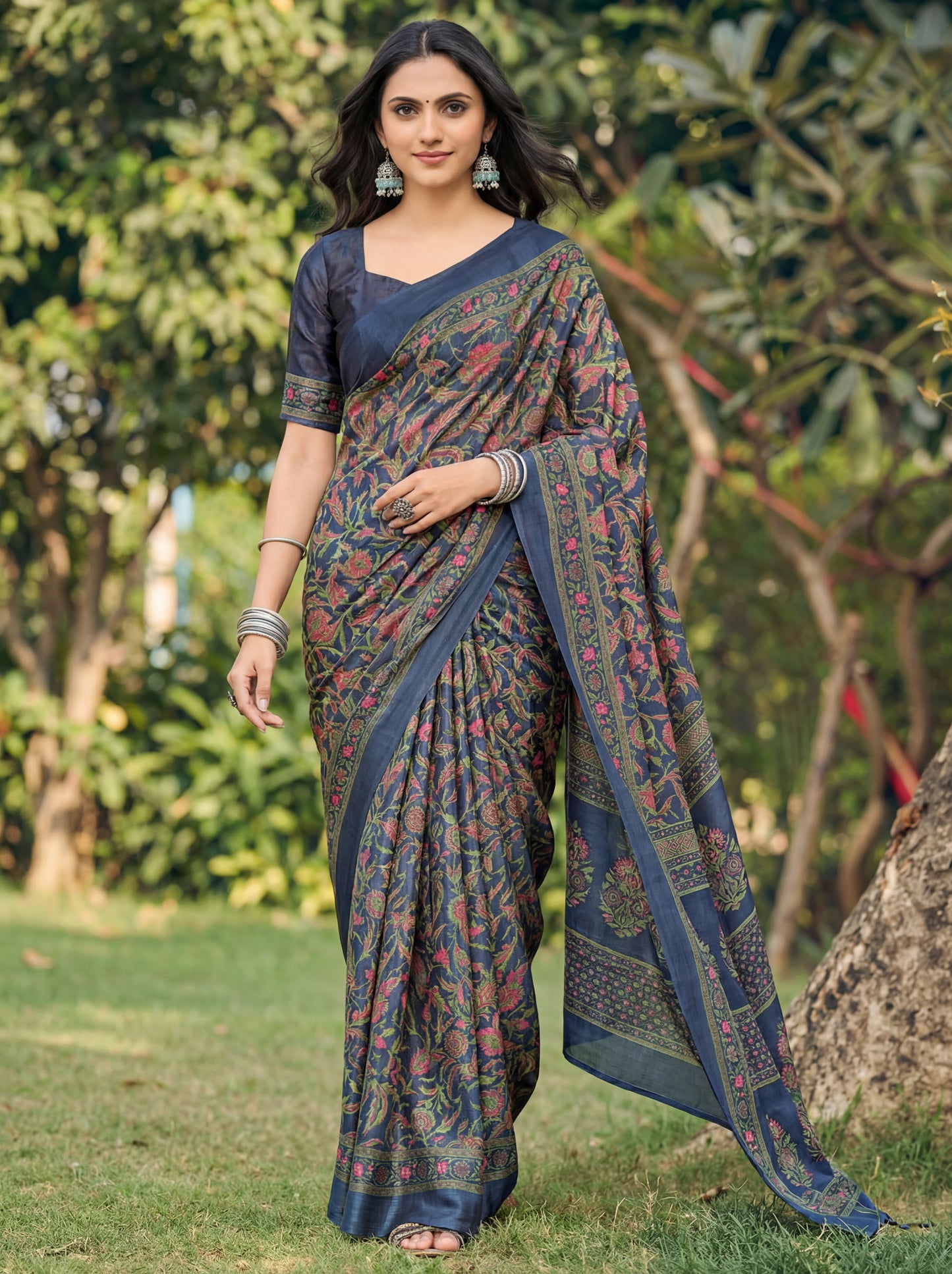 Rajkala - Navy Blue Printed Crepe Silk Saree