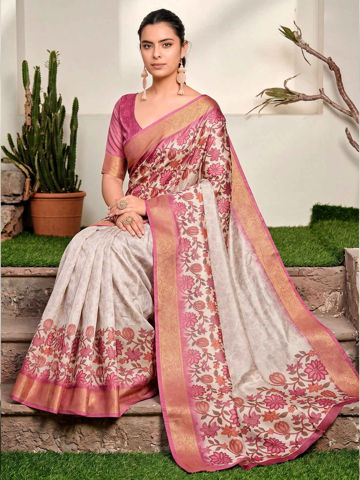 Varnika - Cream Digital Printed Moss Georgette Saree with Woven Border