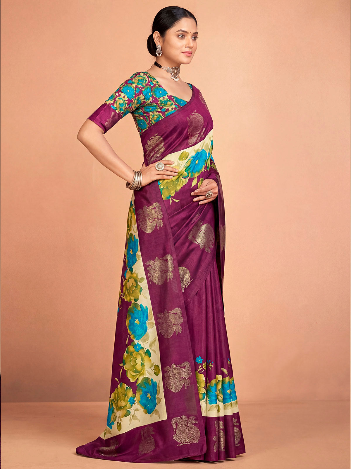 Rajkumari - Purple Printed Soft Silk Saree with Silk Foil Work