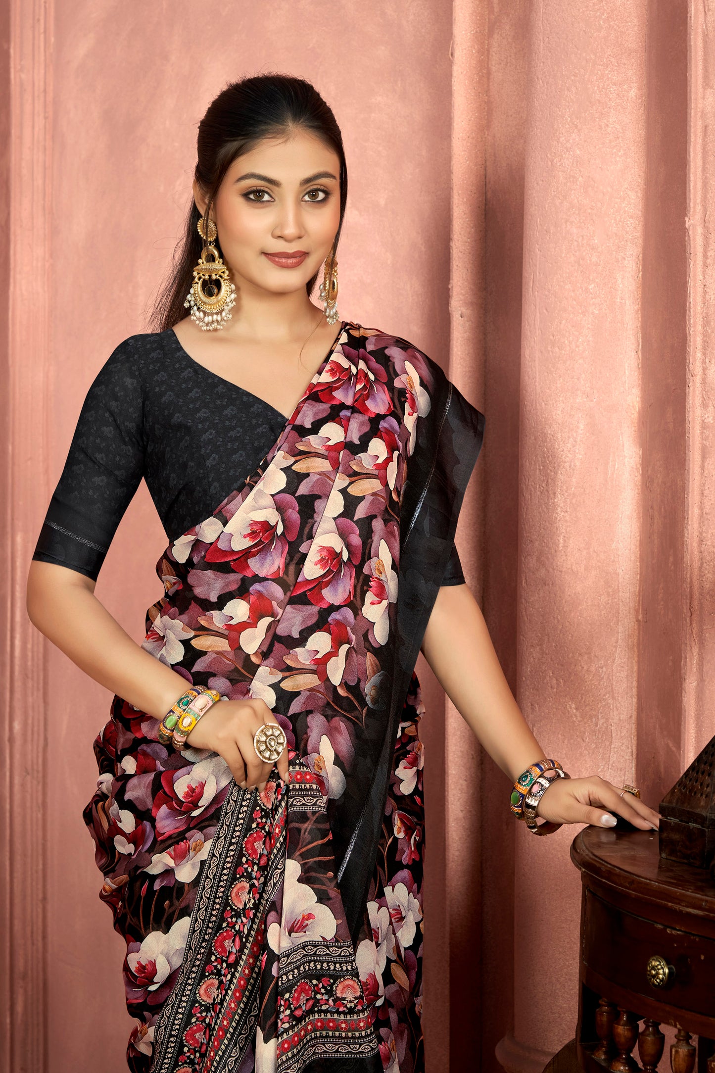 Samriddhi – Black Moss Georgette Digital Print Saree with Satin Patta Border