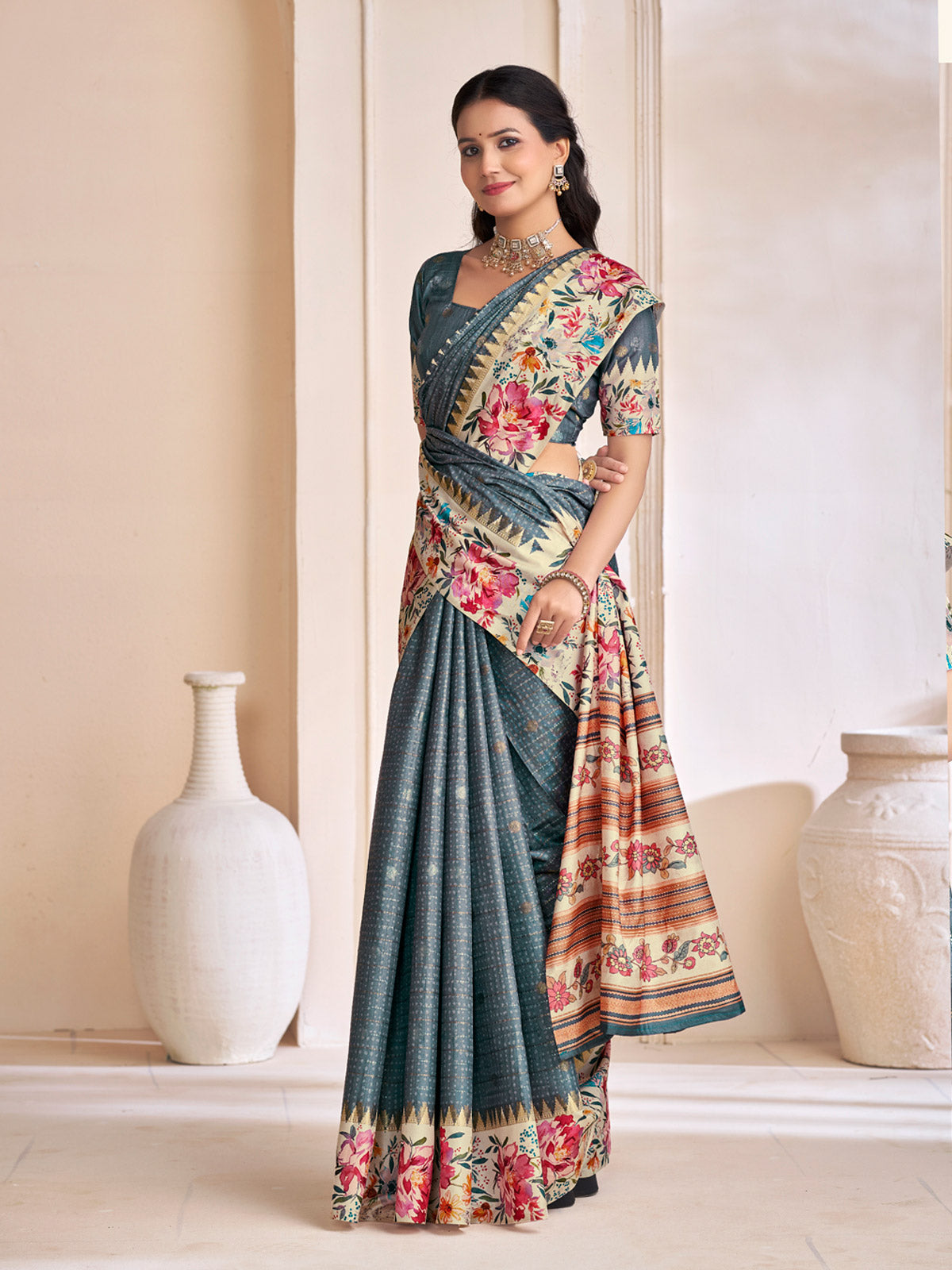 Rutvaa - Grey Digital Printed Silk Saree