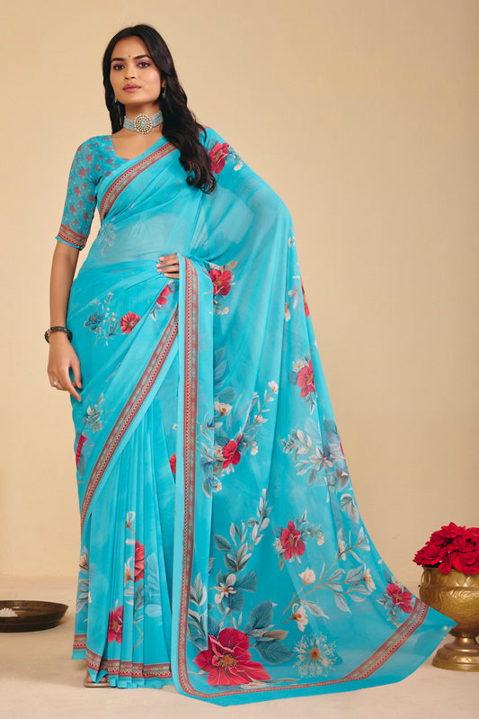 Twisha - Teal Georgette Digital Printed Saree